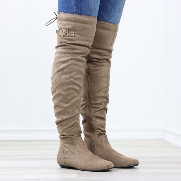 Taupe Thigh High Over The Knee Flat Boots Faux Suede Laced Back - Picture 3 of 15